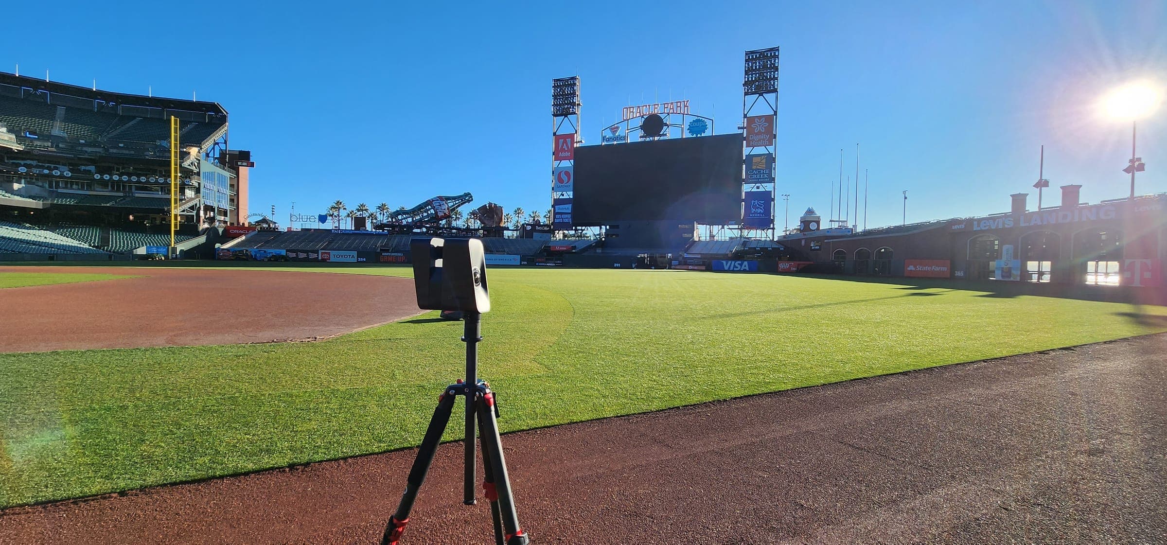 Matterport Pro3 3D scanner on a tripod capturing a oracle park, san francisco in Northern California