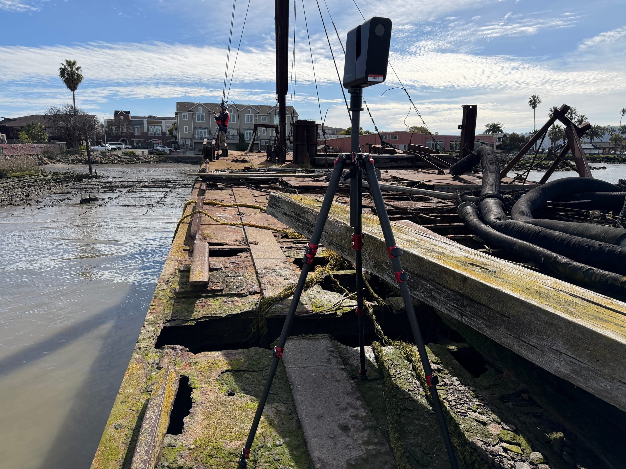 Matterport Pro3 3D scanner on a tripod capturing a barge scan for noaa, benicia, ca in Northern California
