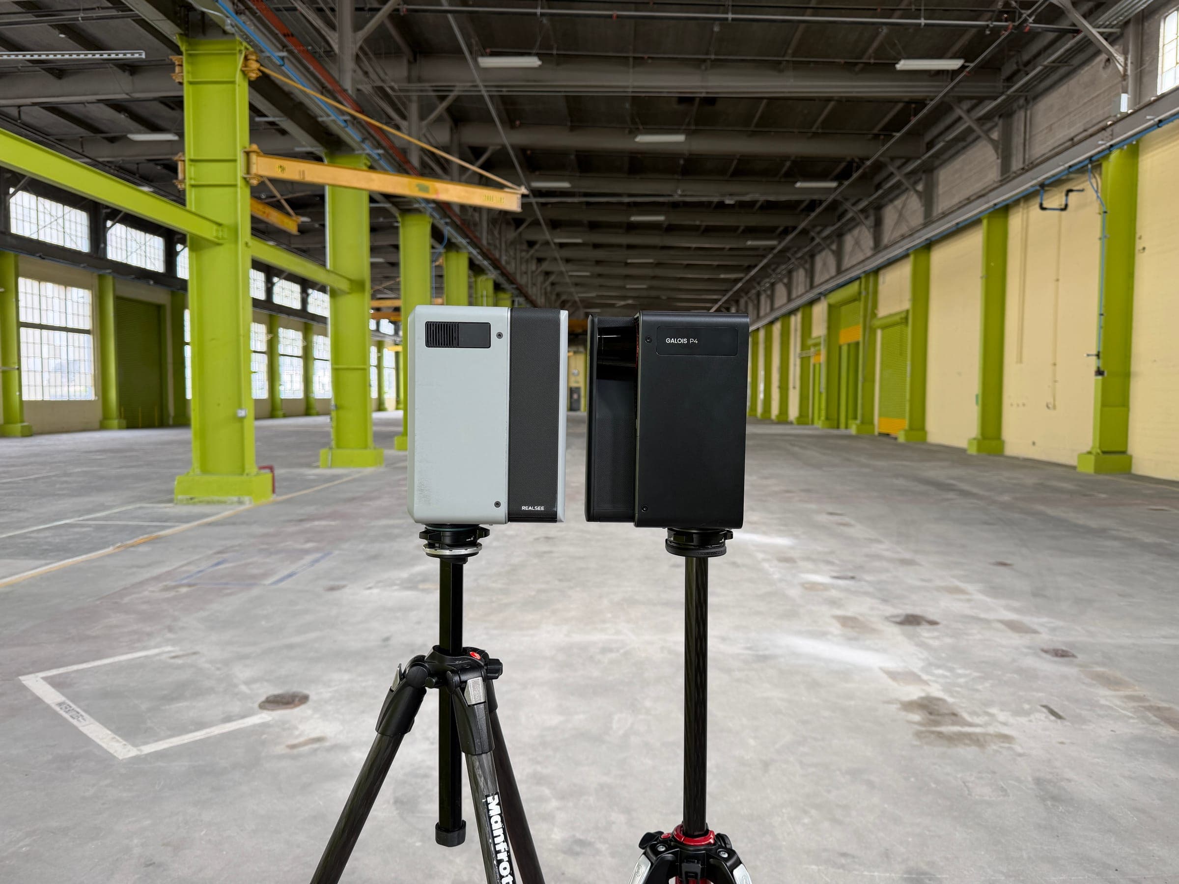 Realsee Galois P4 and M2 3D scanner on a tripod capturing a industrial space aec scan, vallejo, ca in Northern California